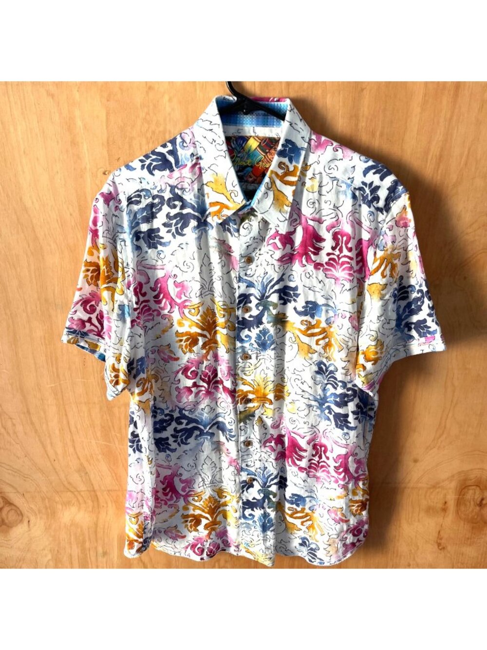 Robert Graham Men's Camp Shirt Button Front Sea of Cortez 100% Linen Classic Lg